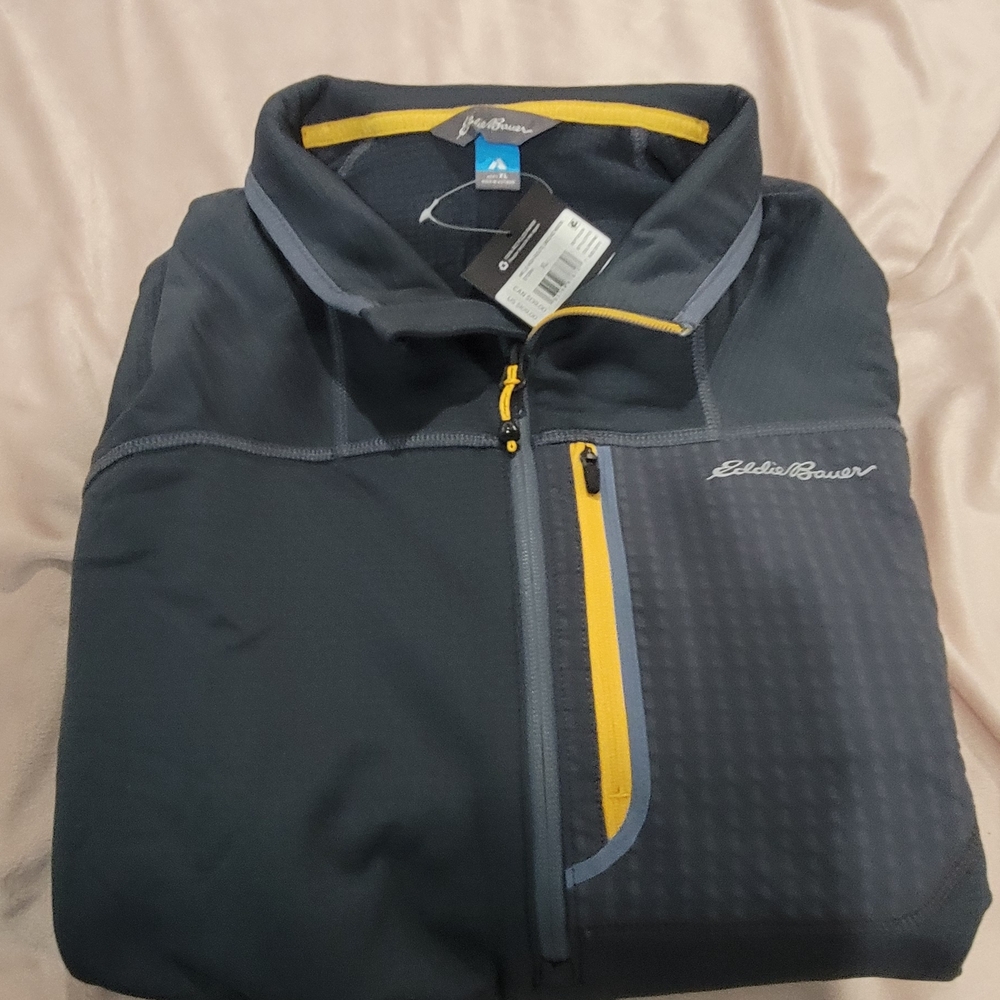 Eddie Bauer Men's Dark Gray Jacket with Yellow Trim